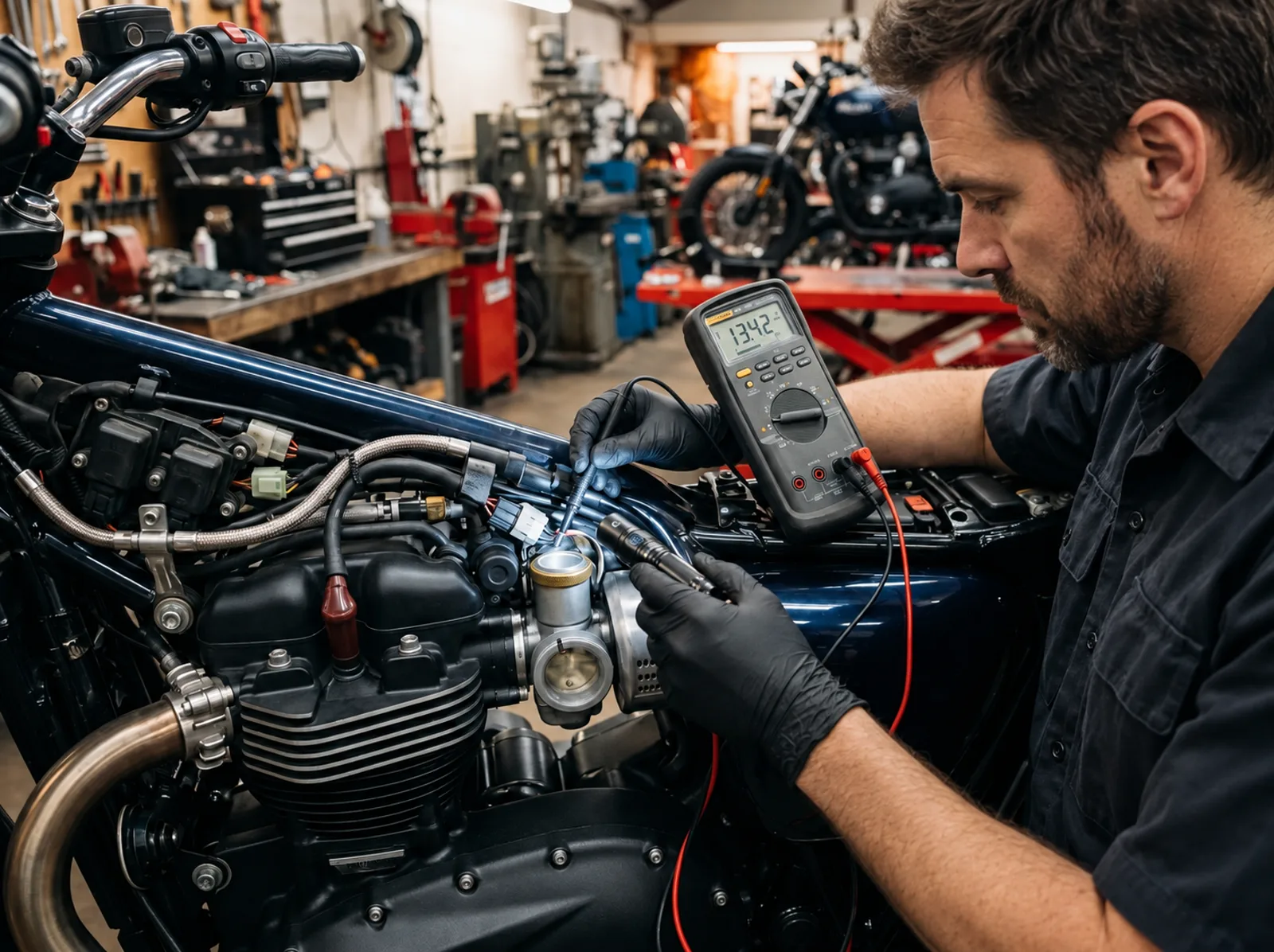 Mecánico realizando diagnóstico electrónico y revisión exhaustiva en motocicleta